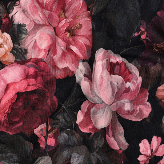 Cotton loopback knit with insulation - peonies 250 g/m²