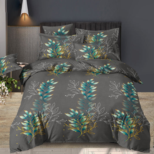 100% Kokvilnas audums - lapas uz pelēka fona 220cm 146 g/m²