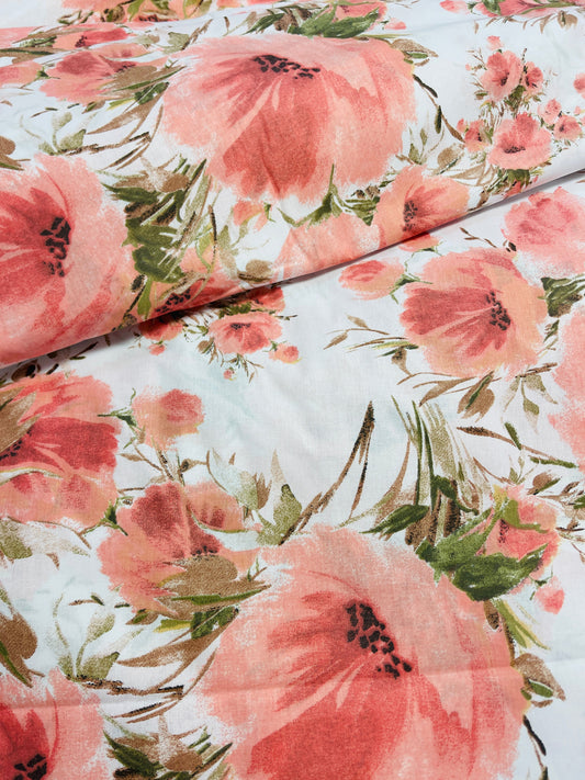 100% Kokvilnas audums - rozā ziedu akvarelis 125 g/m²