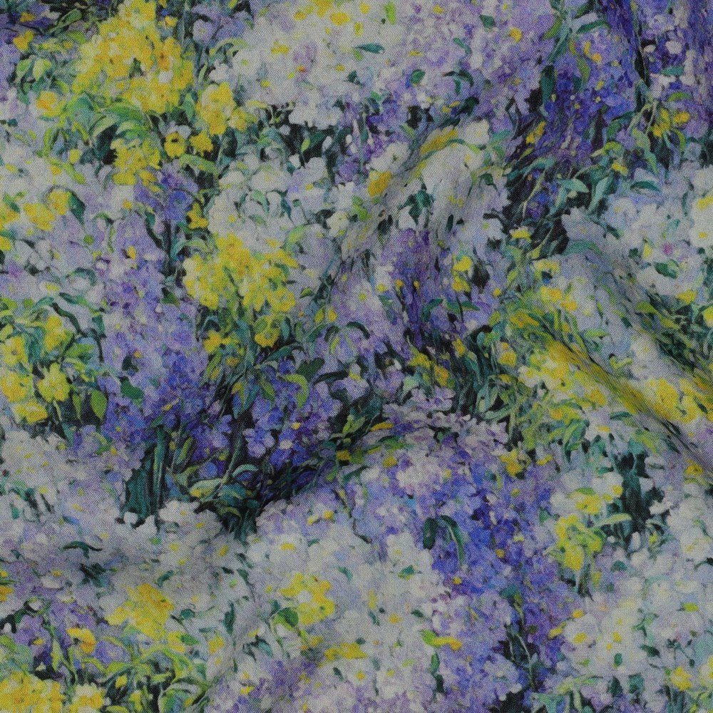 Attēls ar 100% Viskozes audums - ceriņi un mimozas 135 g/m² – pieejams Šarlotes audumi