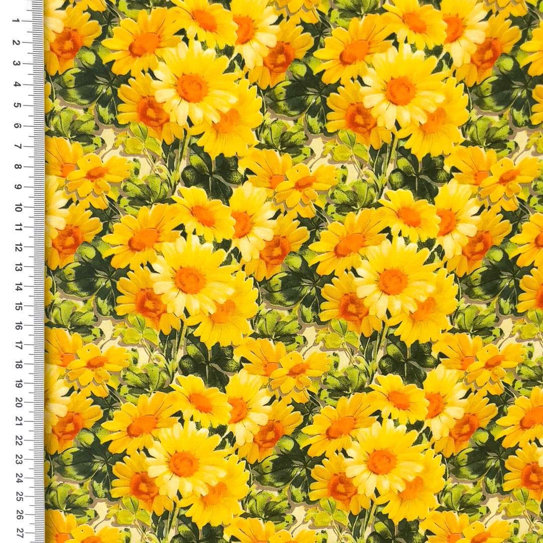 100% Viskozes audums - dzelteno ziedu pļava 110 g/m²