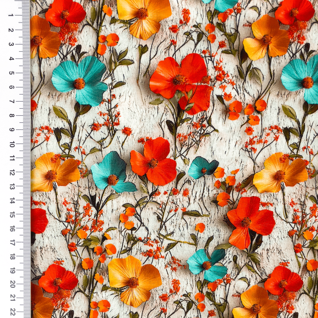 100% Viskozes audums - oranži un tirkīzzili ziedi 110 g/m²