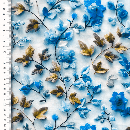 100% Viskozes audums - zils ziedu un lapu motīvs 110 g/m²