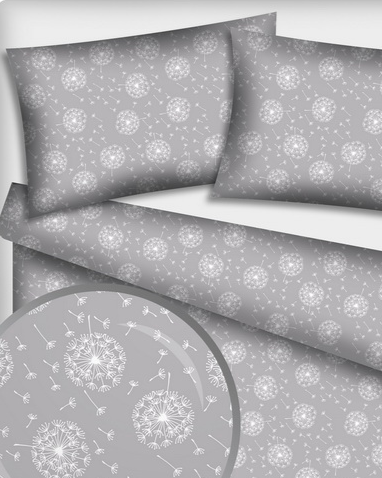 100% Puuvillakangas - võililleõied hallil taustal 125 g/m²