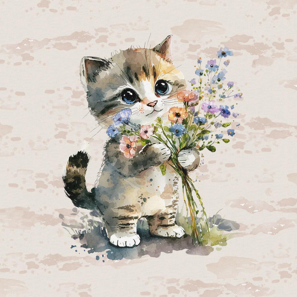 Cilpiņtrikotāžas panelis 40x50 cm - kaķītis ar ziediem 250 g/m²