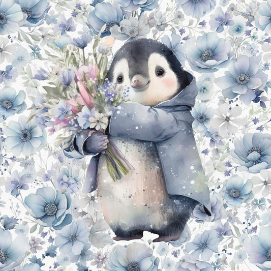 Cilpiņtrikotāžas panelis 40x50 cm - pingvīns ar ziediem 250 g/m²