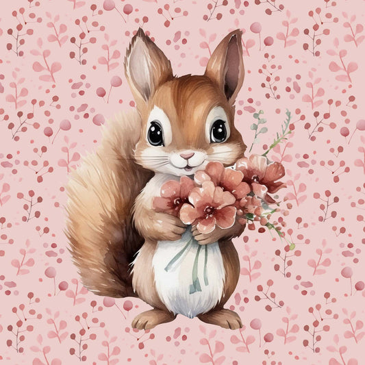 Cilpiņtrikotāžas panelis 40x50 cm - vāverēns ar ziediem 250 g/m²