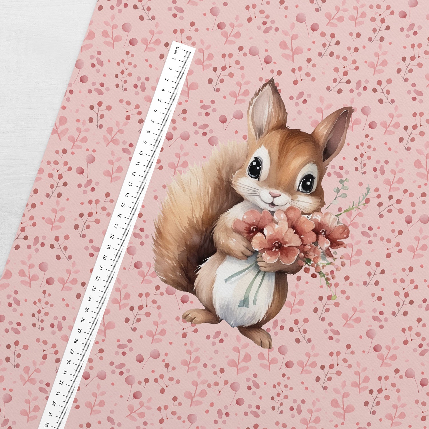 Cilpiņtrikotāžas panelis 40x50 cm - vāverēns ar ziediem 250 g/m²