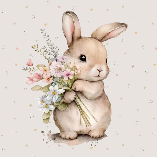 Cilpiņtrikotāžas panelis 40x50 cm - zaķis ar ziediem 250 g/m²