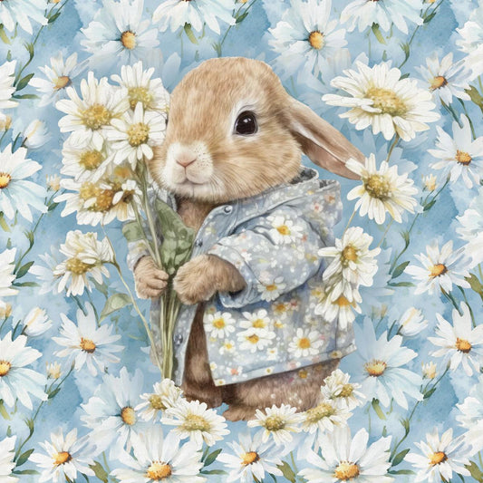 Cilpiņtrikotāžas panelis 40x50 cm - zaķīts ar margrietiņām 250 g/m²