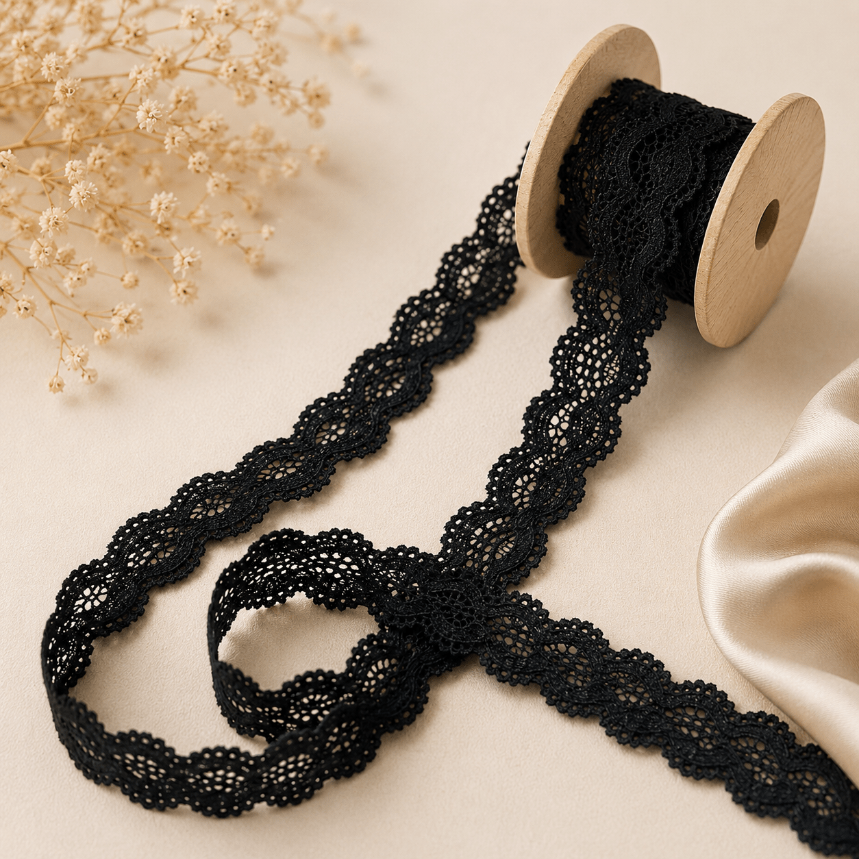 Attēls ar Elastīga mežģīne 2 cm - melna – pieejams Šarlotes audumi