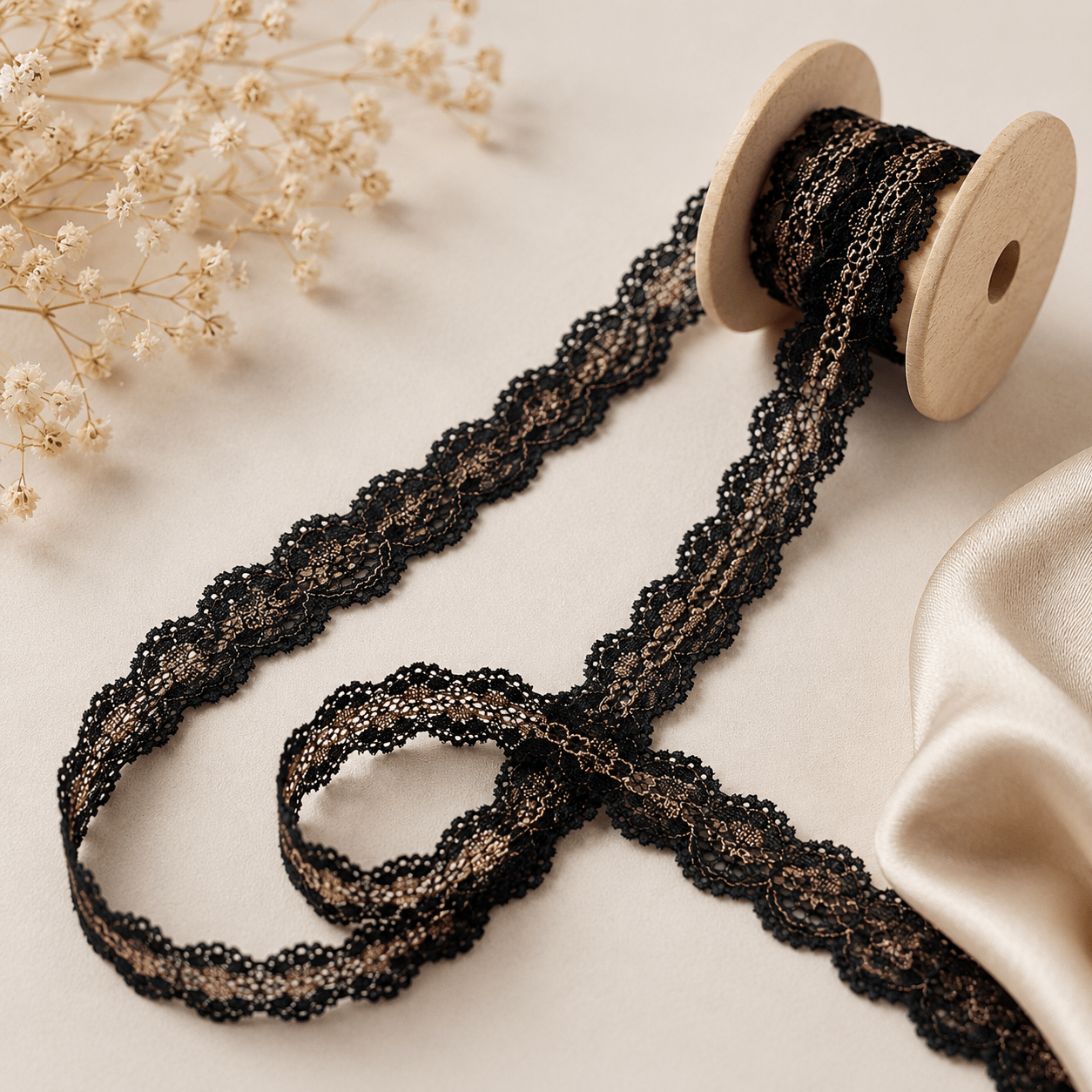 Image de dentelle élastique 2 cm - noire avec accent brun – disponible chez Šarlotes audumi
