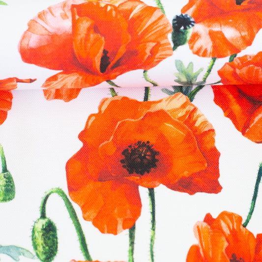 Canvas fabric with red poppy pattern on a white background, 210 g/m² – available at Šarlotes audumi
