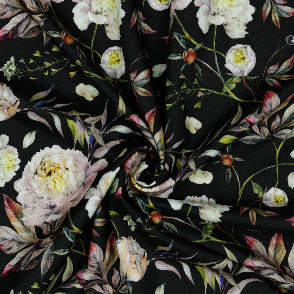 Kleitu audums ar elastānu - peonijas 80 g/m²