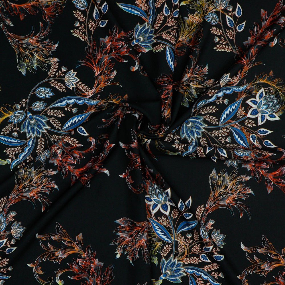 Kleitu audums ar elastānu - raksts uz melna fona 80 g/m²