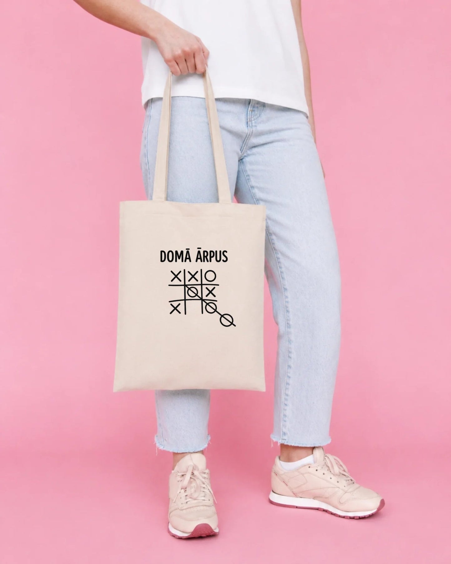 Image of a printed cotton tote bag with the slogan "Think outside the box" – available online at Charlotte's Fabrics