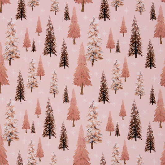 Kokvilnas cilpiņtrikotāža ar siltinājumu - egles uz rozā fona 280 g/m²