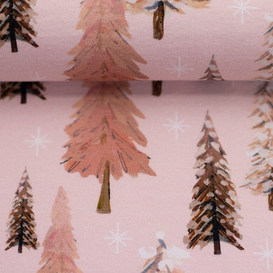 Kokvilnas cilpiņtrikotāža ar siltinājumu - egles uz rozā fona 280 g/m²