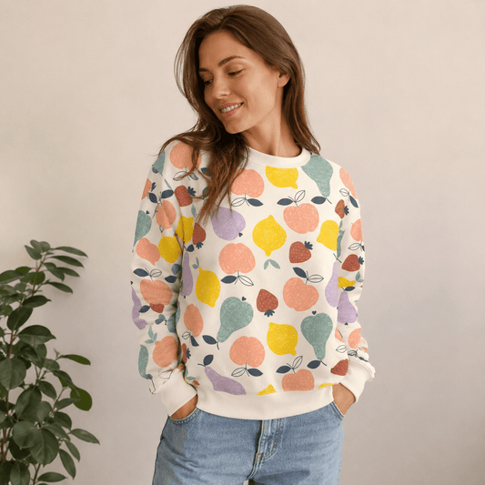 Image de tissu en maille bouclette en coton - fruits 250 g/m² – disponible chez Charlotte Audumi