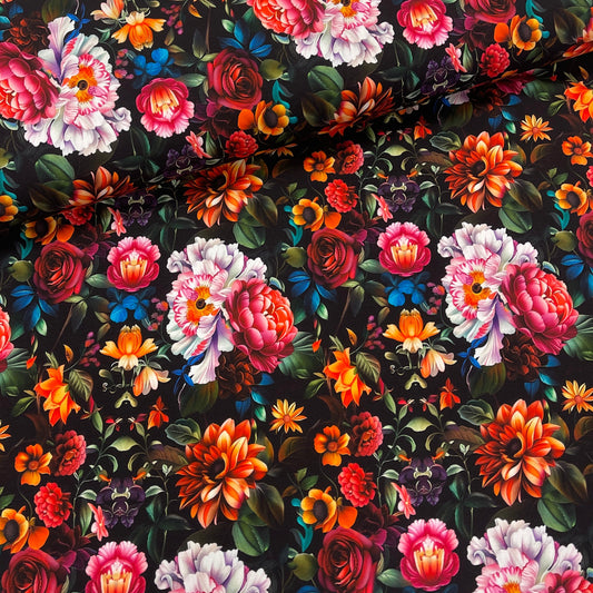 Kokvilnas cilpiņtrikotāža - košie ziedi 230 g/m²