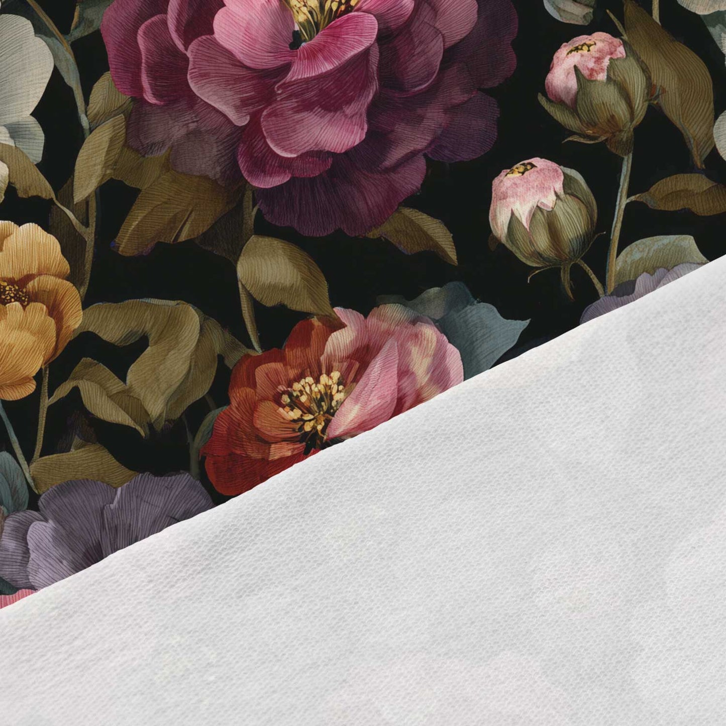 Image with cotton loop-back knit fabric—beautiful flowers on a black background, available online at Charlotte's Fabrics