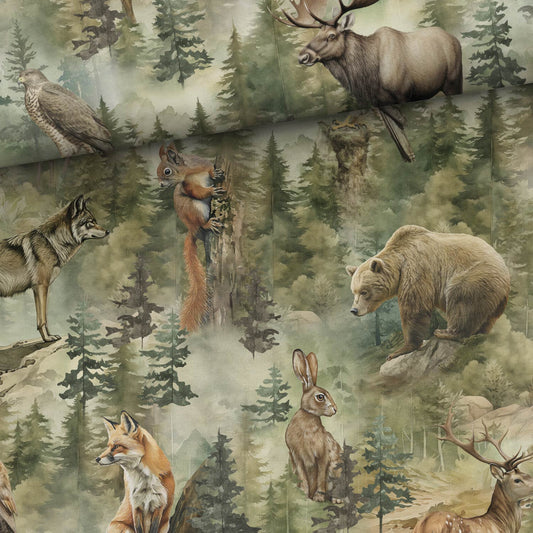 Kokvilnas cilpiņtrikotāža - mežā zvēri 250 g/m²