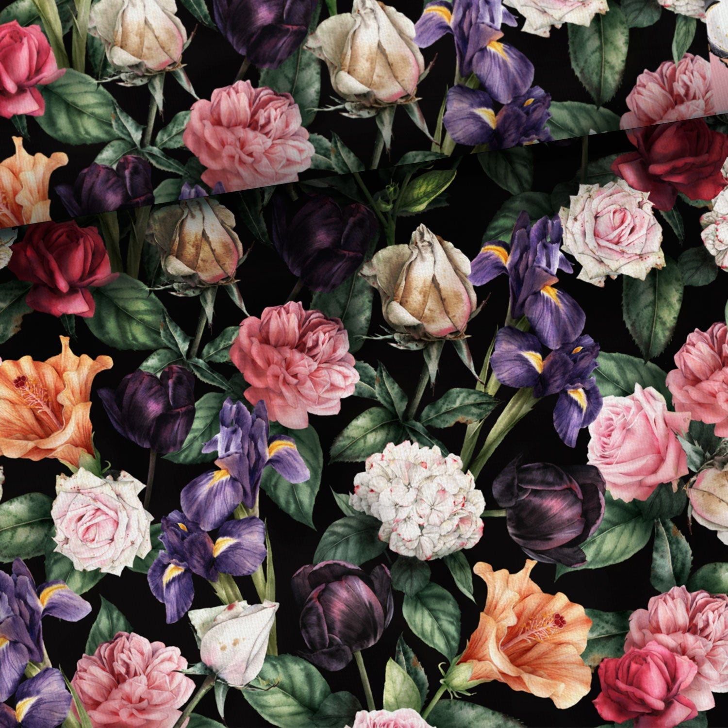 Kokvilnas cilpiņtrikotāža - ziedu motīvs uz tumša fona 250 g/m²