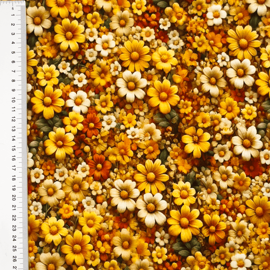 Kokvilnas trikotāža - dzelteni ziedi 200 g/m²