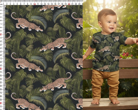 Cotton jersey print with leaves and leopards 220 g/m² – available at Šarlotes audumi