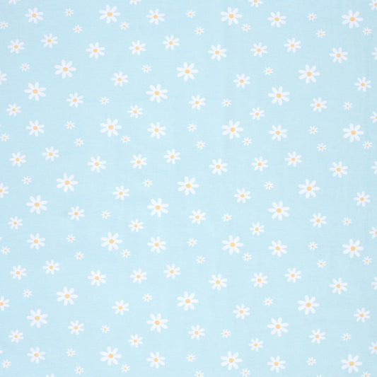 Kokvilnas trikotāža - margrietiņas uz gaiši zila fona 210 g/m²