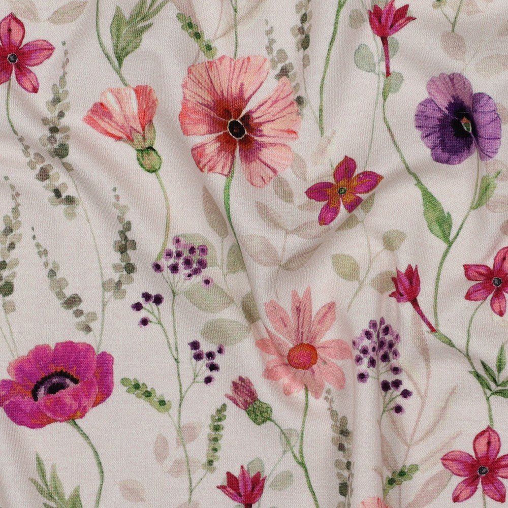 Kokvilnas trikotāža - pļava uz bēša fona 200 g/m²