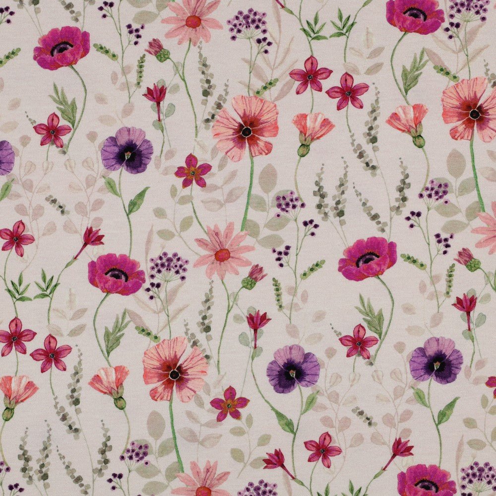 Kokvilnas trikotāža - pļava uz bēša fona 200 g/m²