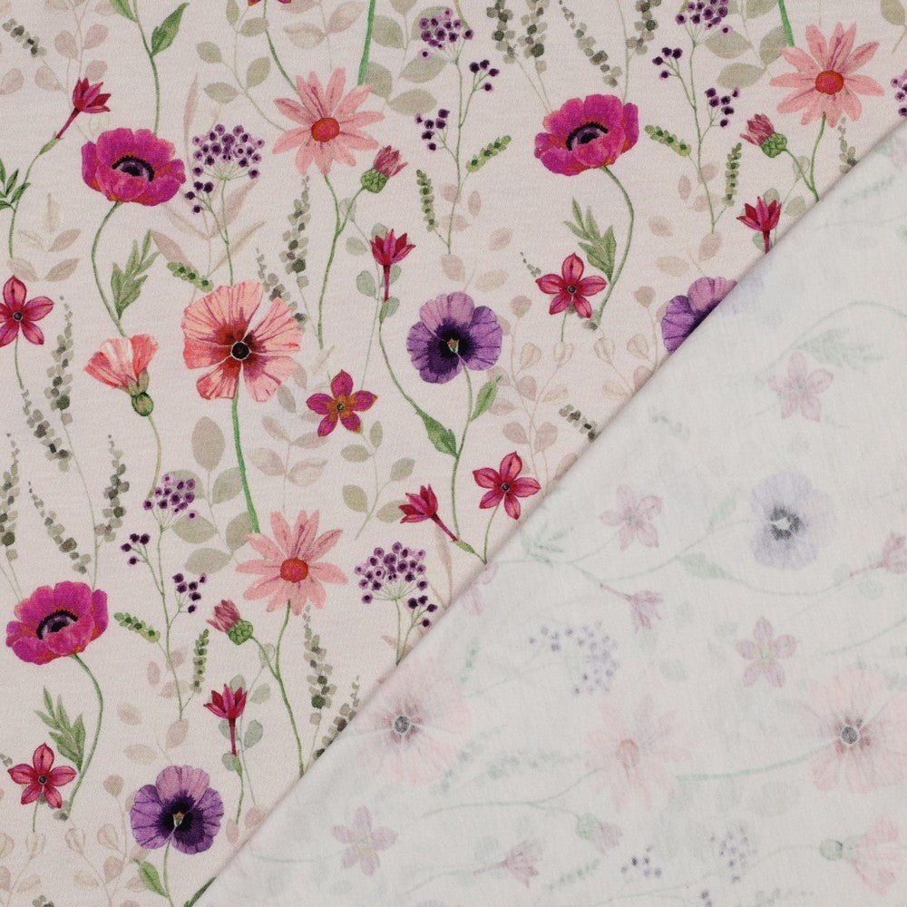 Kokvilnas trikotāža - pļava uz bēša fona 200 g/m²