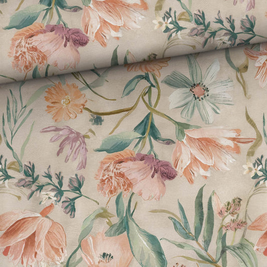 Kokvilnas trikotāža - puķes uz bēša fona 200 g/m²