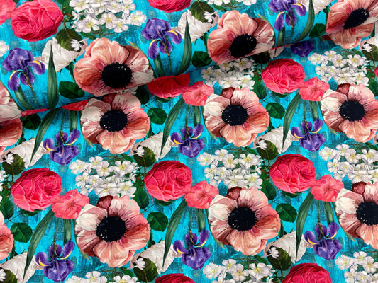 Kokvilnas trikotāža - rozes un īrisi 200 g/m²