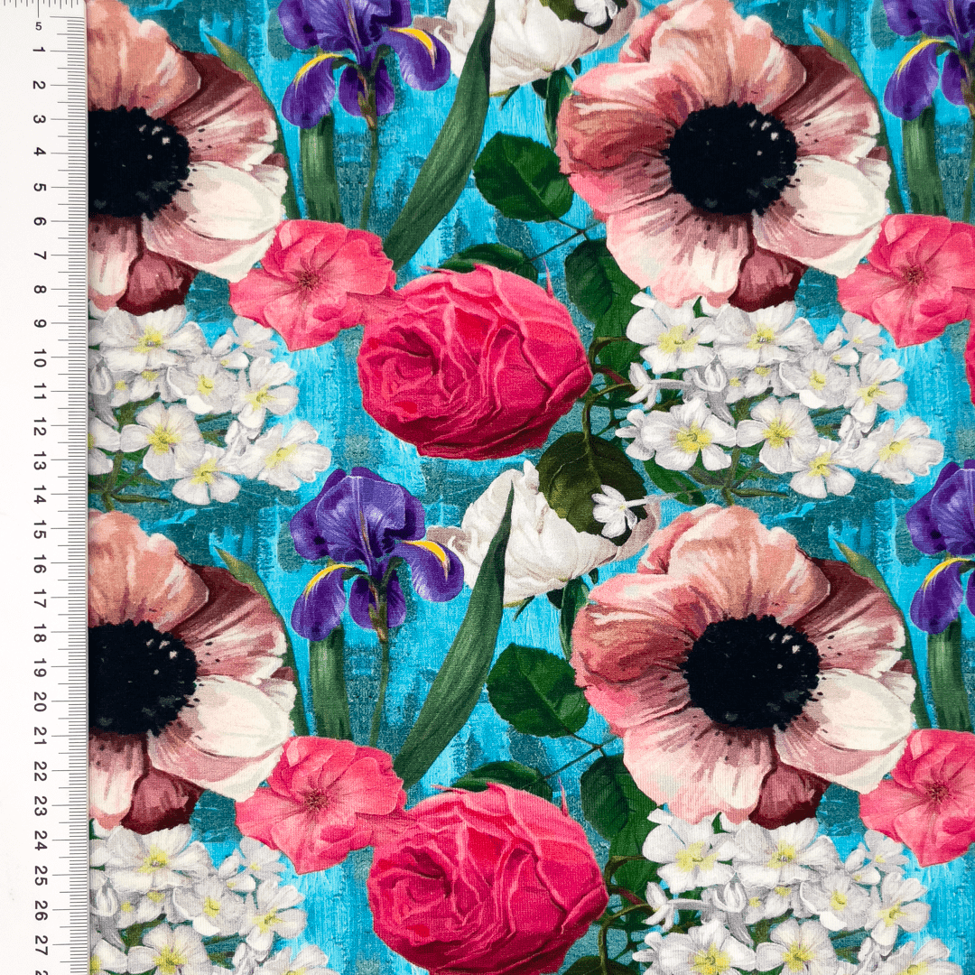 Kokvilnas trikotāža - rozes un īrisi 200 g/m²