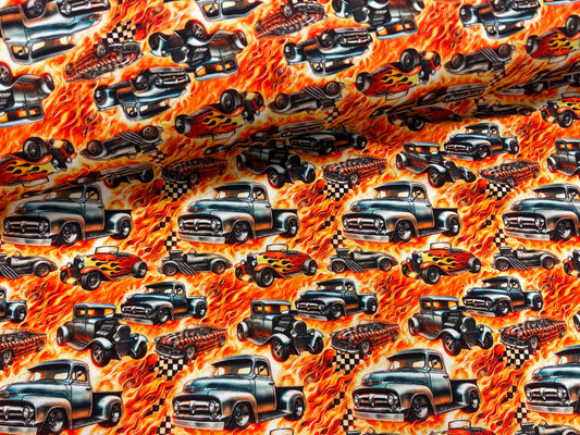 Kokvilnas trikotāža - ugunīgie auto 200 g/m²