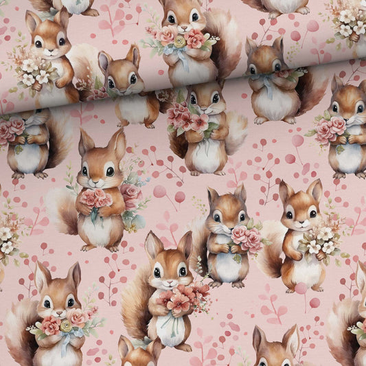 Kokvilnas trikotāža - vāverēns ar ziediem 200 g/m²