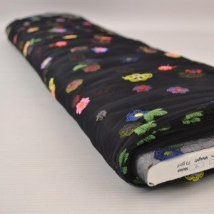 Embroidered tulle fabric with flowers, black tone 70 g/m²