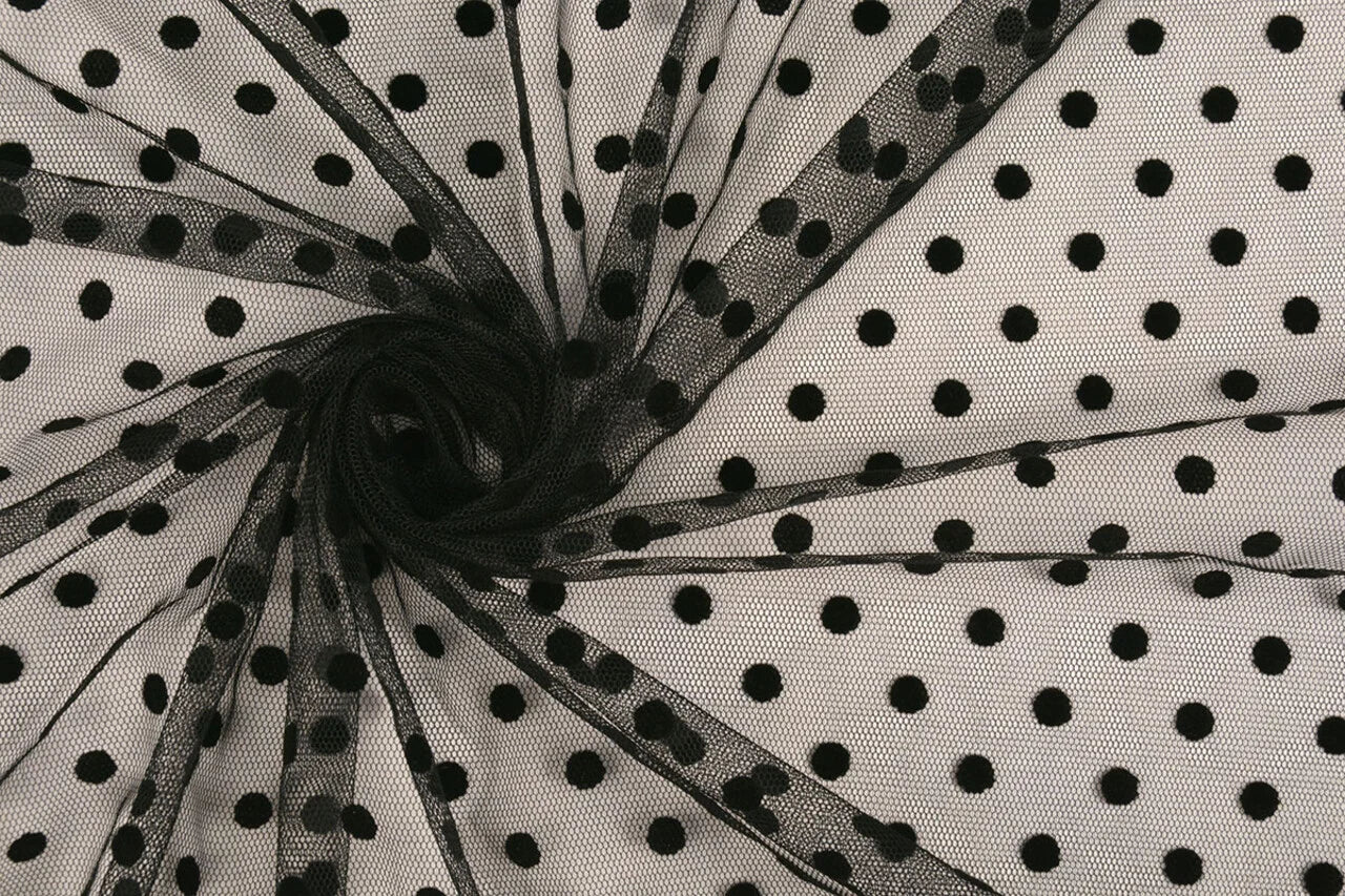 Image with soft tulle with velvet polka dots - black – available online at Šarlotes audumi