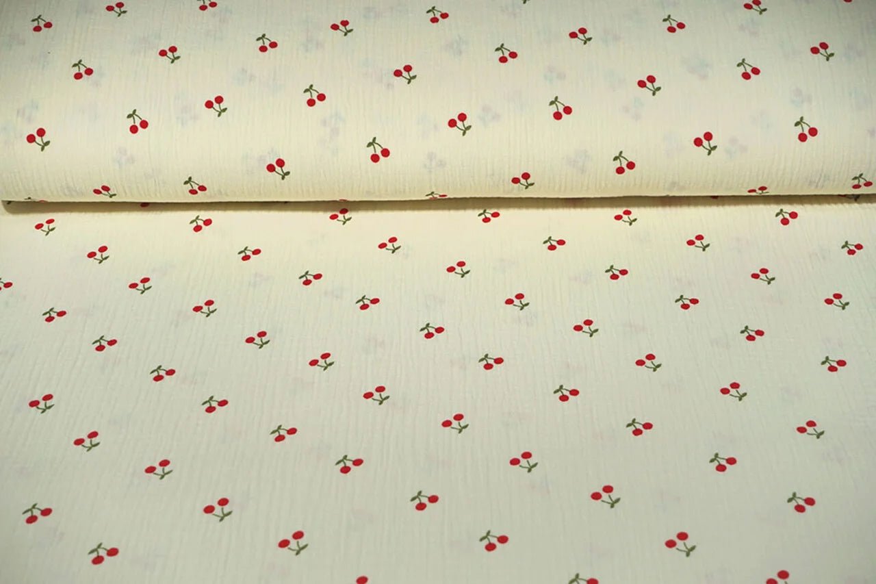 Muslīns - ķirši uz sviesta dzeltena fona 125 g/m²