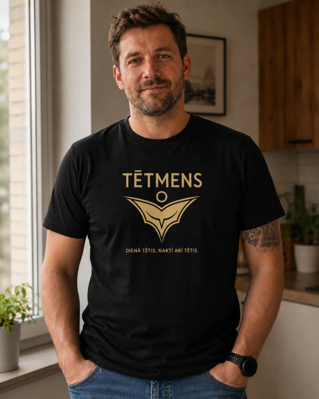 Image of an organic cotton T-shirt "TĒTMENS" — available online at Šarlotes audumi