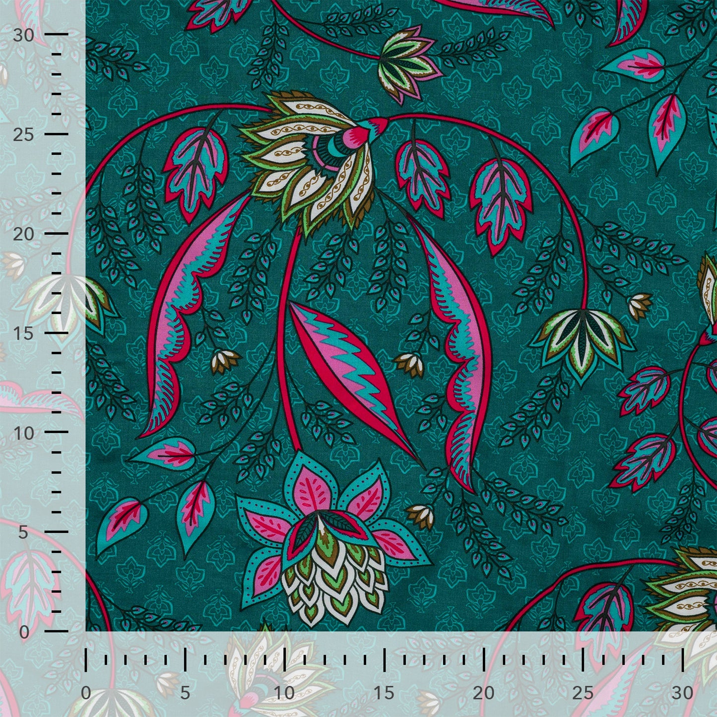 100% Viscose fabric, pattern on petrol background 90 g/m²