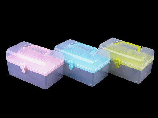 Plastmasas kaste ar rokturi rokdarbiem