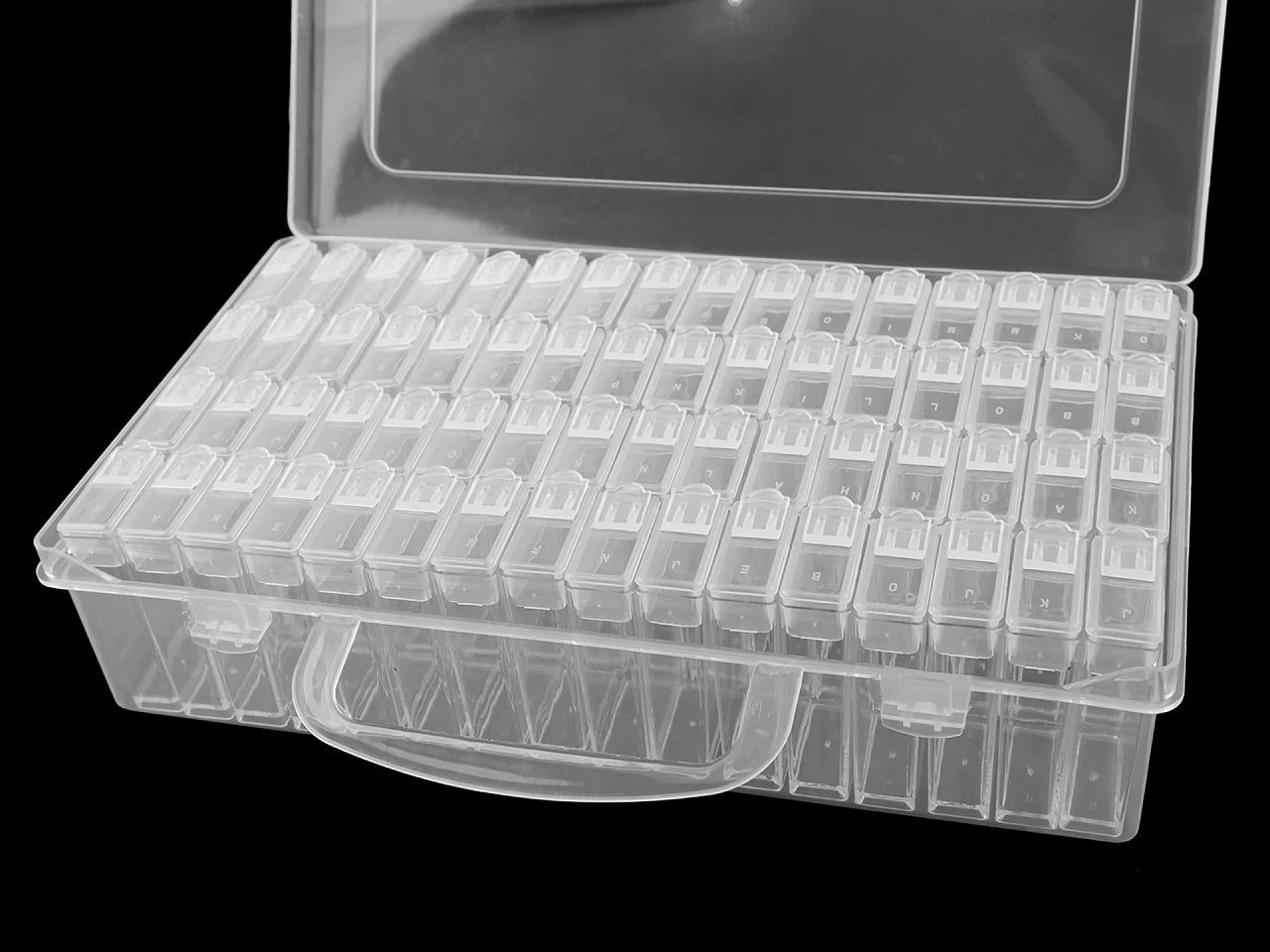 Plastmasas organizators ar 64 kastītēm un alfabēta marķējumu