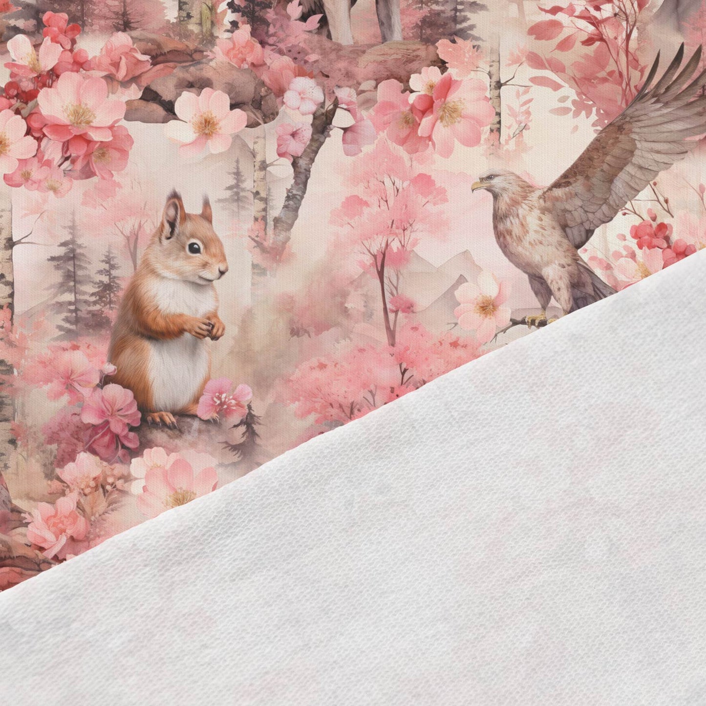 Puuvillane aasaline trikotaaž – roosa metsamuinasjutt 250 g/m²