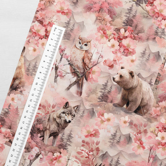 Puuvillane aasaline trikotaaž – roosa metsamuinasjutt 250 g/m²