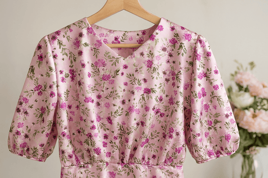 Satīns ar elastānu - ziedi uz rozā 80 g/m²