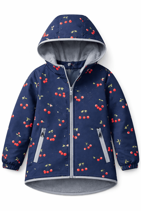 Attēls ar Softshell audums - ķirši uz tumši zila 300 g/m² – pieejams Šarlotes audumi