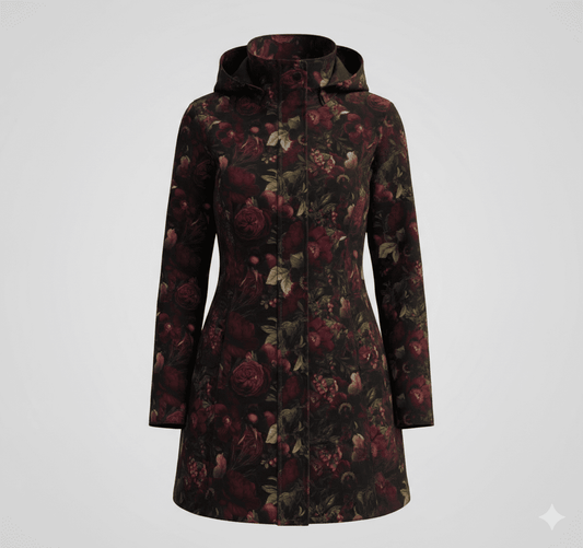 Attēls ar Softshell audums - tumšo ziedu motīvs 300 g/m² – pieejams Šarlotes audumi